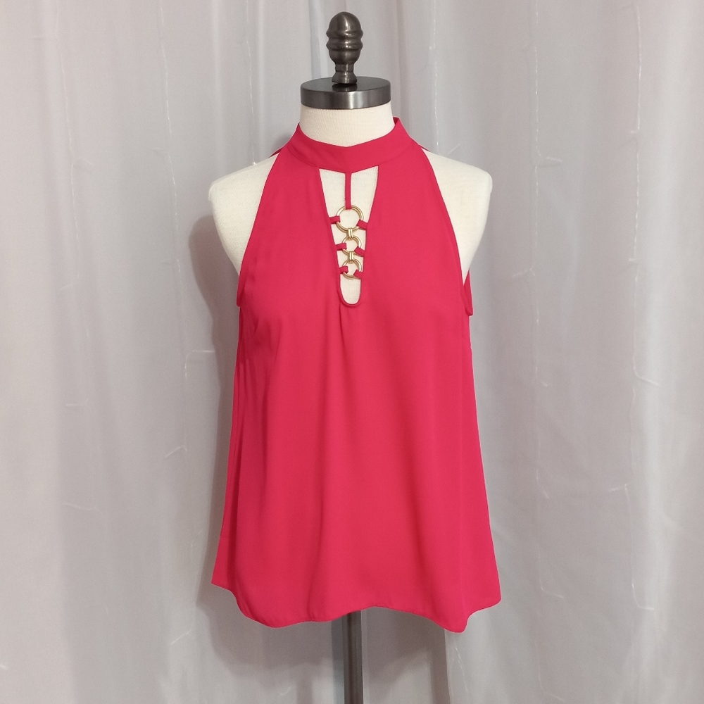 Bold Elements - Mock Neck With Keyhole Front & Gold Tone Ring Detail